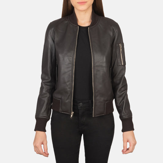 Ava Brown Leather Bomber Jacket