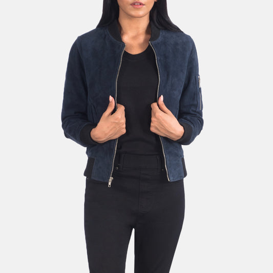 Ava Blue Suede Bomber Jacket