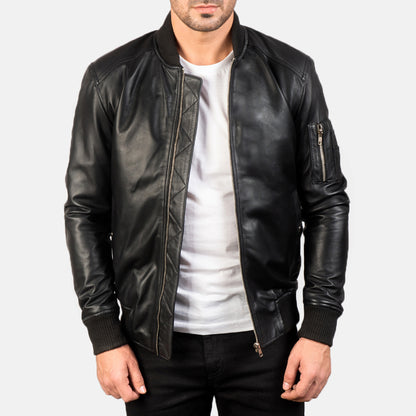 Bomia Ma-1 Black Leather Bomber Jacke