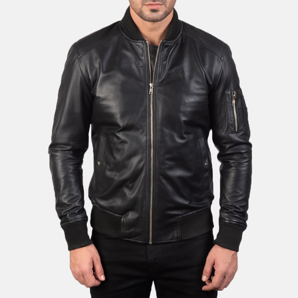 Bomia Ma-1 Black Leather Bomber Jacke