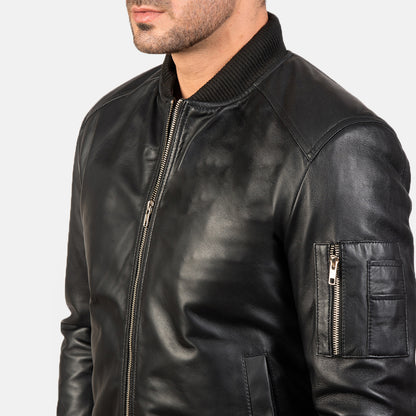 Bomia Ma-1 Black Leather Bomber Jacke