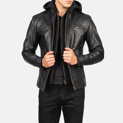 Hector Black Hooded Leather Biker Jacket