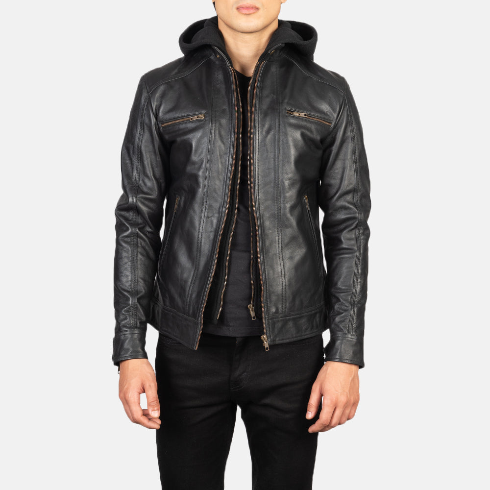 Hector Black Hooded Leather Biker Jacket