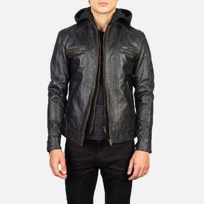 Hector Black Hooded Leather Biker Jacket