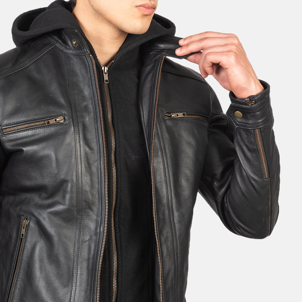 Hector Black Hooded Leather Biker Jacket